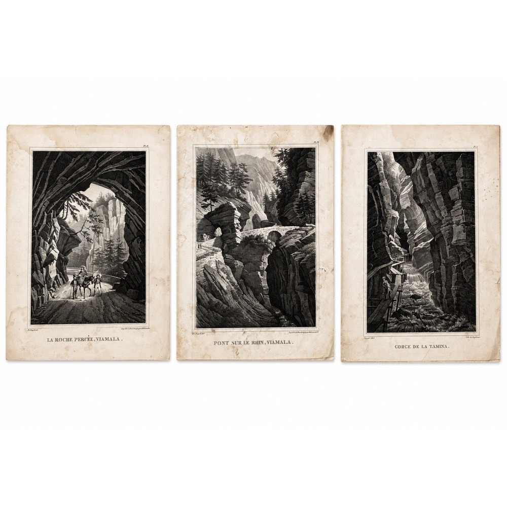 Pingret 1826 Swiss Alpine Lithograph Set 3 Viamala Tamina Antique Engelmann Prnt